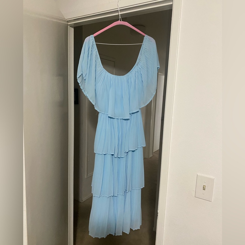 Light blue tiered off shoulder blue dress